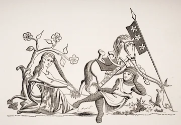 Vrouw onder de Bescherming van Ridderlijkheid, naar een late 15e-eeuwse miniatuur in een Latijns Psalmboek, uit 